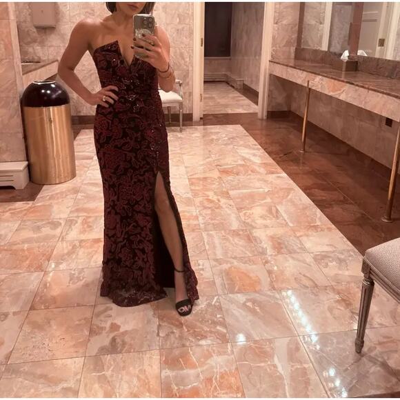 Dress the Population Black Floral Strapless Gown XS Bustier Sequin Designer $400 - Picture 6 of 13